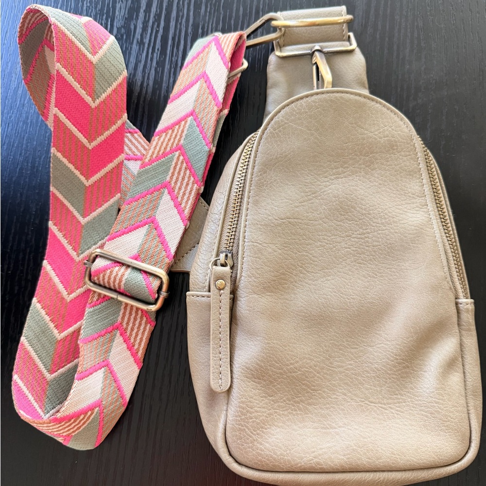 Anthropologie Tan Backpack with Pink Chevron Strap